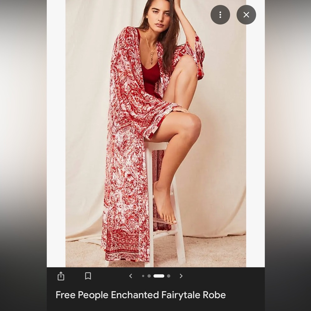 Anthropologie Free People Red and White Long Paisley Kimono Enchanted Robe